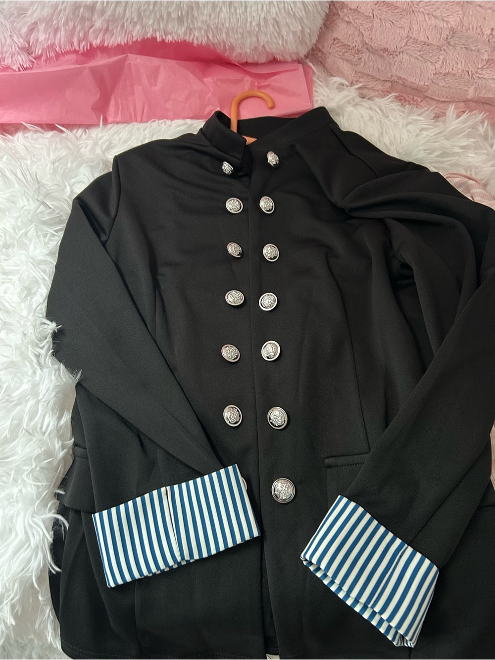 Black Double-Breasted Military-Style Jacket with Stripe Cuffs
